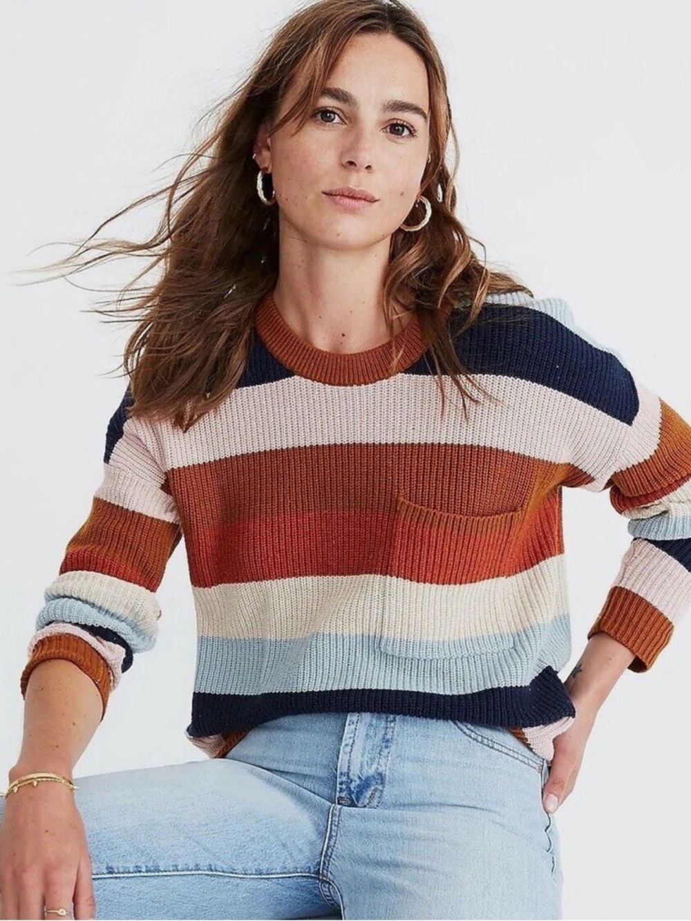 Madewell Striped Crewneck Sweater with Pocket in Multi-Color